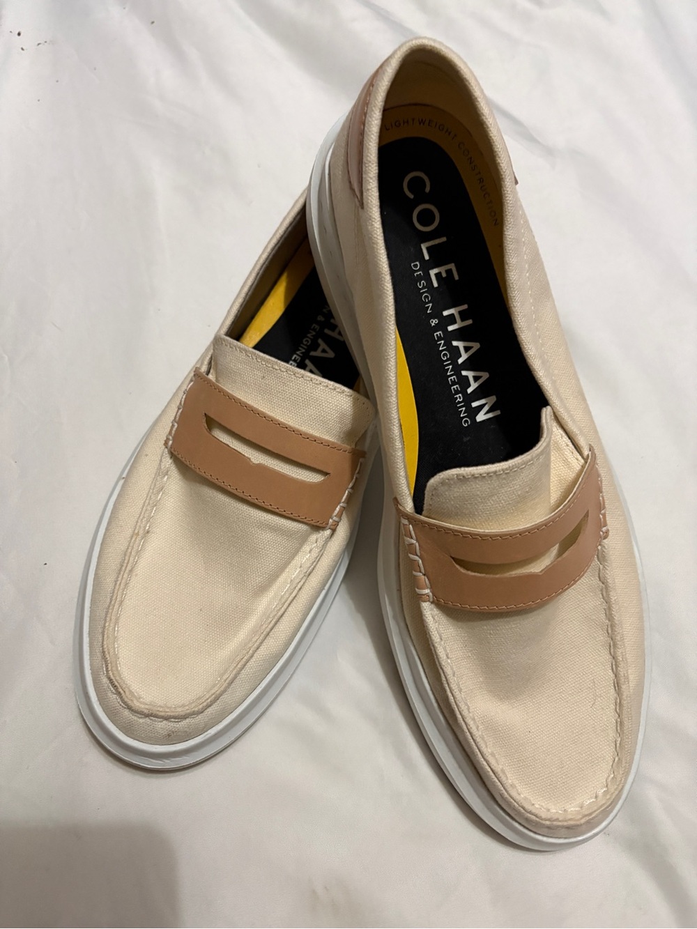 Cole Haan Cream Canvas Loafers with Tan Leather Penny Strap